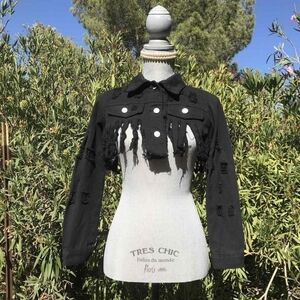 Thrill Jeans Black Fringed Distressed Cropped Jacket Women's Size Small